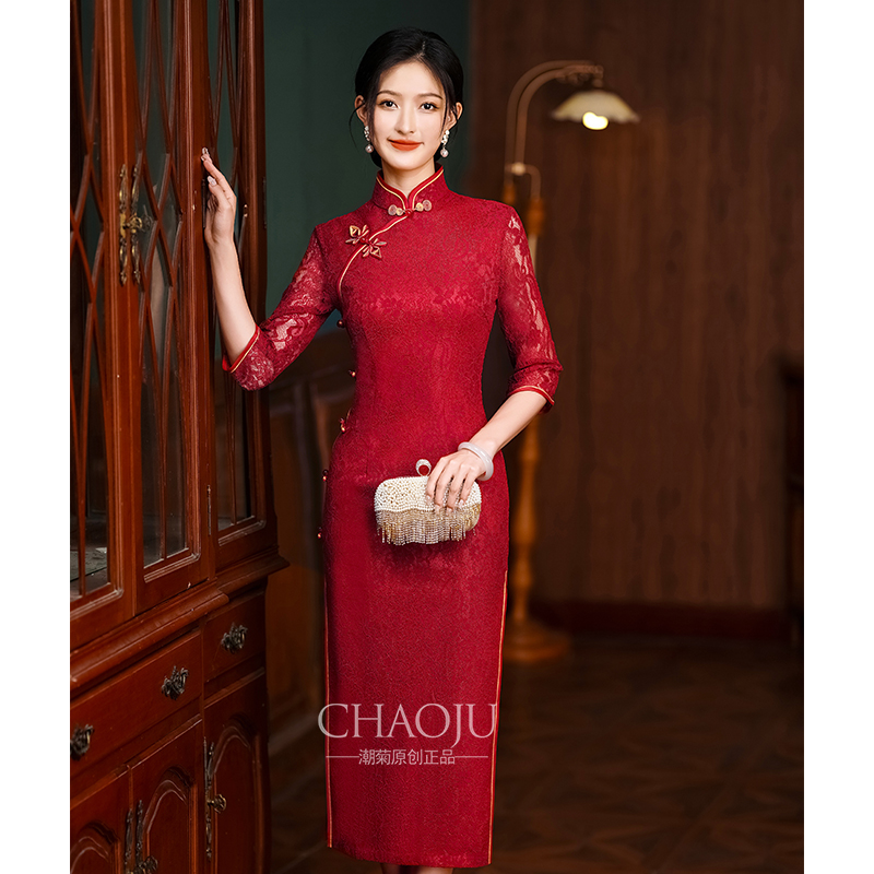 红色旗袍礼服喜婆婆婚宴装2023新款妈妈装结婚喜服平时可穿新中式