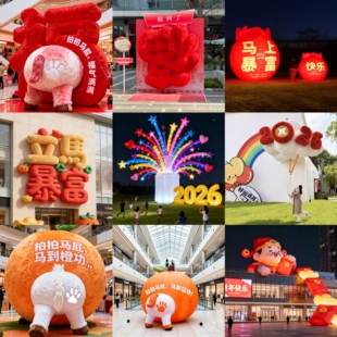 充气马年财神节日网红美陈打卡通毛绒定制爱心字广告气模花朵造型