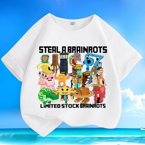 跨境新款Steal a Brainrot偷走脑红周边67号草莓象男女童短袖上衣