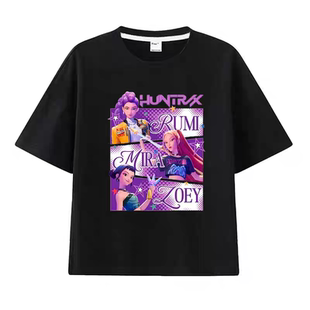 kpop demonhunters猎魔女团圆领纯棉短袖夏季宽松T恤儿童休闲上衣