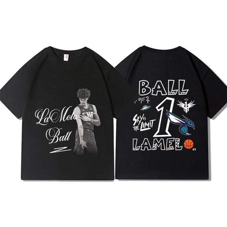 拉梅洛鲍尔三球手绘绰号T恤宽松夏季圆领印花情侣高街纯棉短袖男