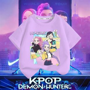Kpop猎魔女团女童印花纯棉圆领新款夏季儿童短袖T恤休闲套头上衣