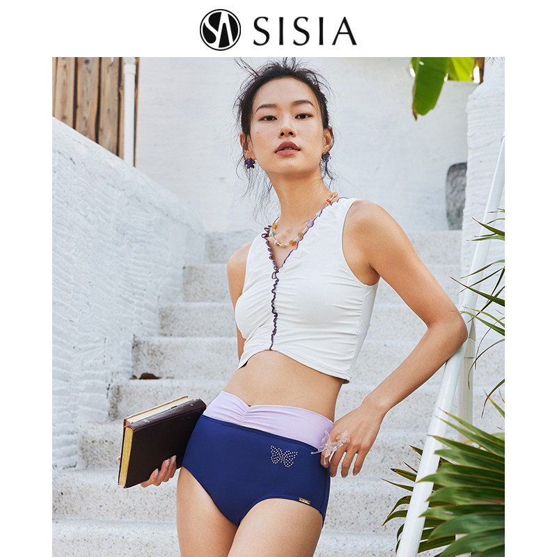 SISIA2024新款分体泳衣女性感V领木耳边高腰遮肚蝴蝶烫钻温泉度假