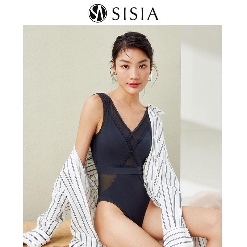 SISIA三角连体泳衣女夏性感修身显瘦网纱拼接v领露背高级感纯欲风