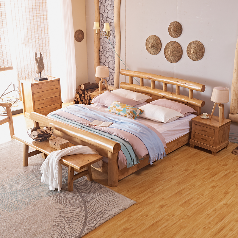 全实木双人床现代田园硬板床柏木床原生态民宿家具实木床新中式床