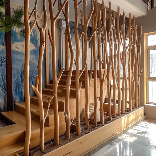 天然干树枝屏风隔断原木树干造景摆件幼儿园装饰墙名宿客厅玄关