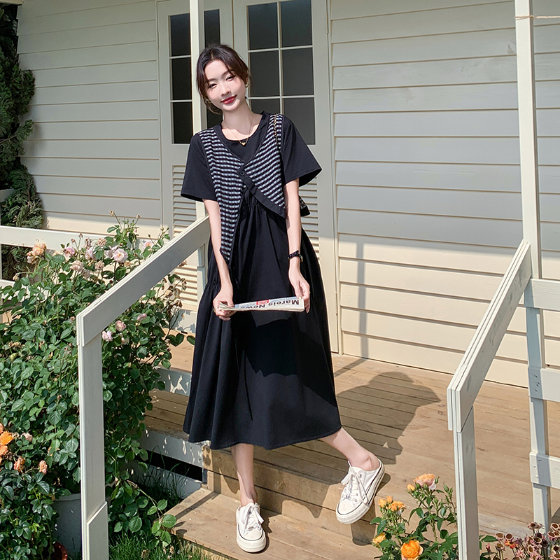 声雨竹黑色拼接假两件连衣裙女夏2025新款设计感休闲减龄显瘦气质