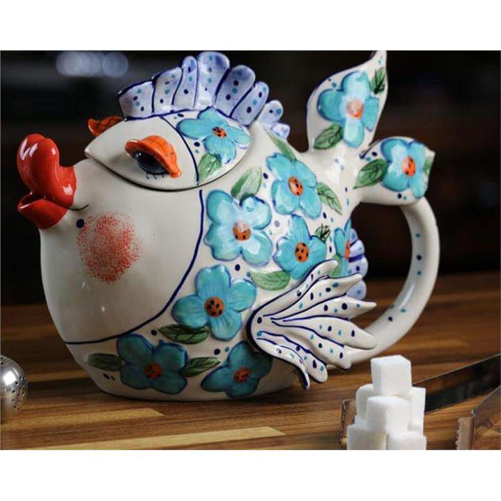 布鲁瓷陶瓷鱼茶壶釉下彩