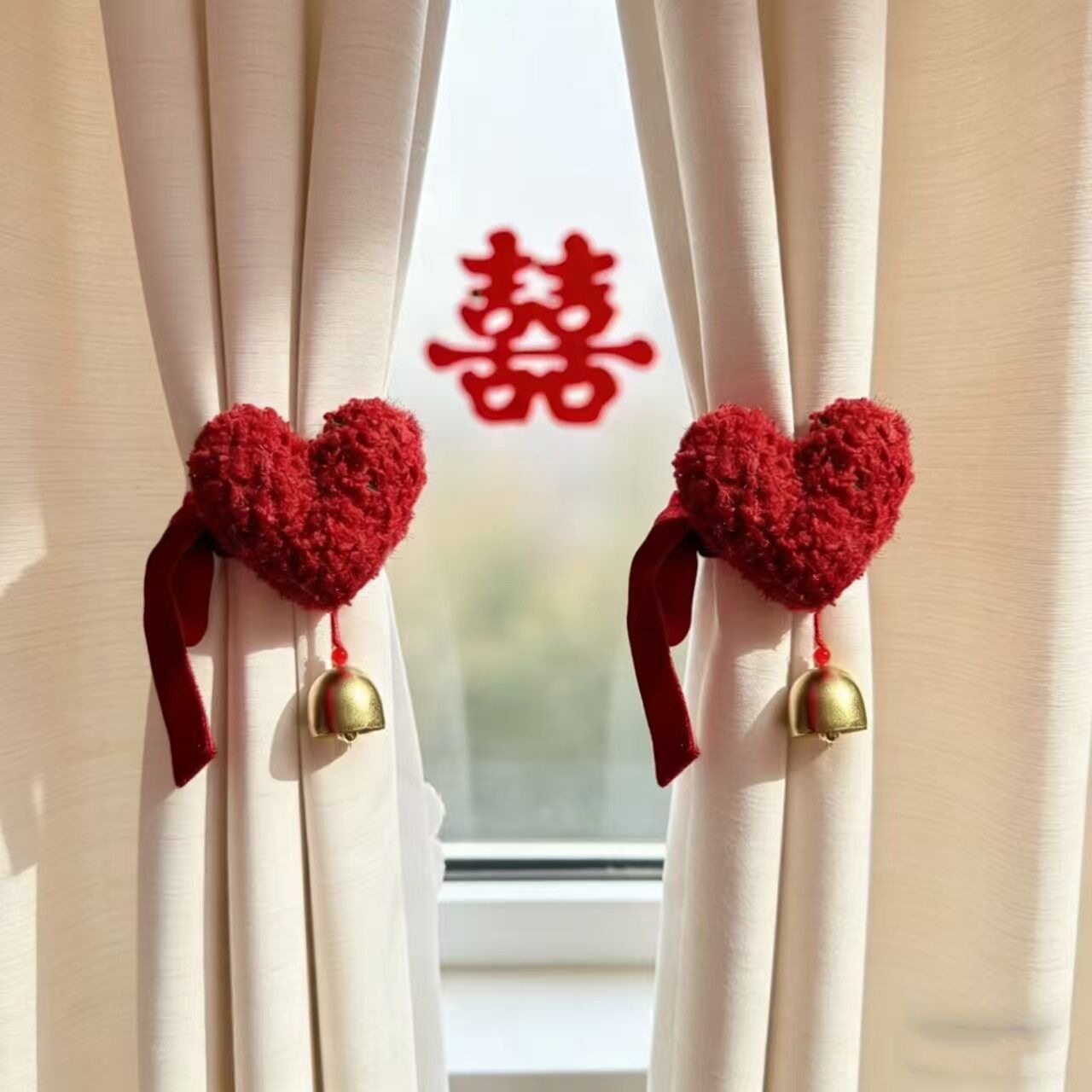 婚庆新房窗帘绑带立体喜庆爱心铃铛挂件卧室客厅婚房装饰布置