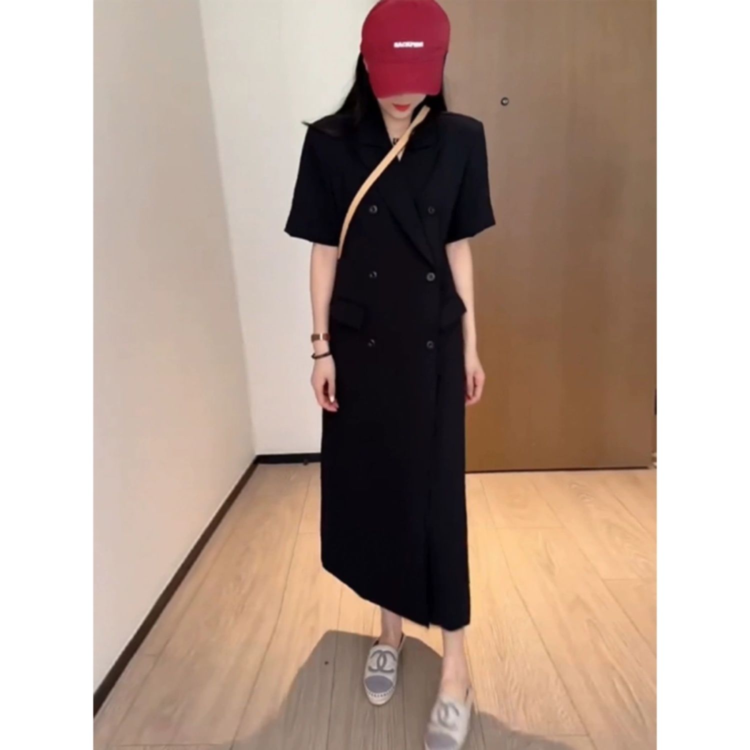 大码胖mm韩版黑色西装连衣裙女夏高级感双排扣显瘦短袖长裙200斤