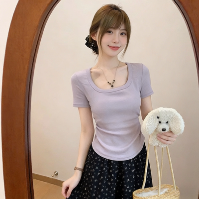 miu系香芋紫掐腰方领短袖T恤女春夏季2026新款修身褶皱短款bm上衣