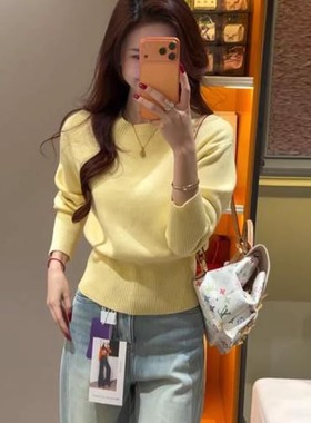 韩系巨好看黄色圆领套头毛衣针织衫女秋冬季收腰显瘦打底内搭上衣