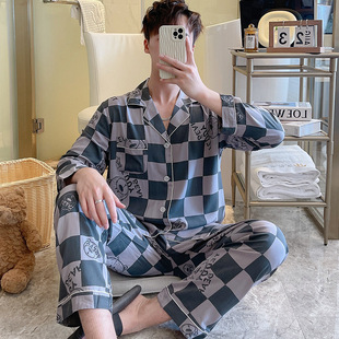 睡衣男士新款春秋男款棉绸套装长袖夏季薄款大码格子家居服