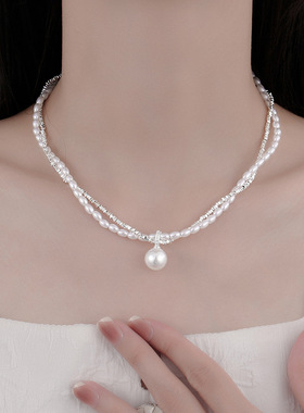 925银女碎银子双层珍珠项链