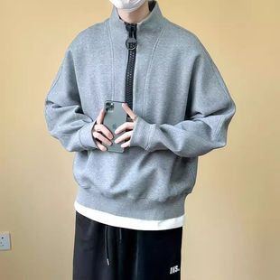 秋季 潮牌寬松設計感外套重磅休閑套頭上衣 解構半拉鏈衛衣男款 美式