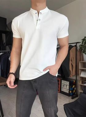 浅灰色亨利领短袖男款立领t恤打底衫显肌肉健身美式复古汗衫潮流