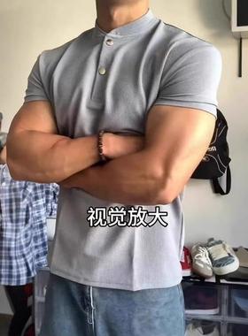 灰色修身收腰亨利衫短袖男款夏季美式重磅显肌肉t恤健身打底衫