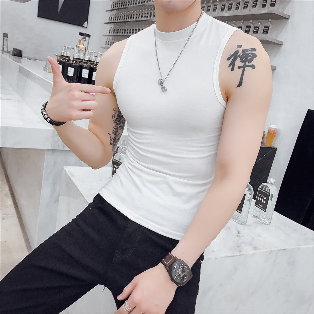 男士背心半高领青年修身型紧身透气夏季运动健身弹力无袖打底衫潮