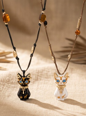 Star Ray 生命之瞳法老埃及猫毛衣链 猫咪安卡虎眼石手工串珠项链