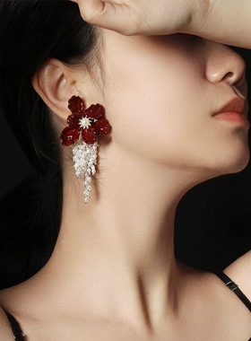 Star Ray【姜妍同款】择撎红色耳钉长款珍珠流苏耳环轻奢小众耳夹