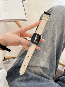 IAMYEE宽版荔枝纹牛皮质适用Applewatch345678代S9苹果手表带男女