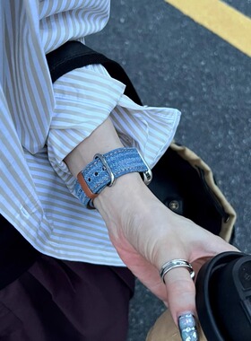 IAMYEE岗山赤耳丹宁表带适用applewatch3456代S7S8S9S10iwatchS11