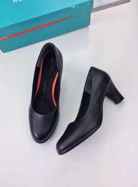 时尚真皮单鞋圆头粗中跟浅口工作职业单鞋女通勤黑色白gong鞋