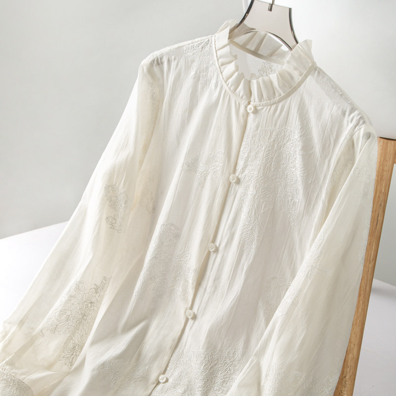 法式优雅桑蚕丝+棉重工刺绣立体褶皱木耳边立领长袖衬衫上衣女春