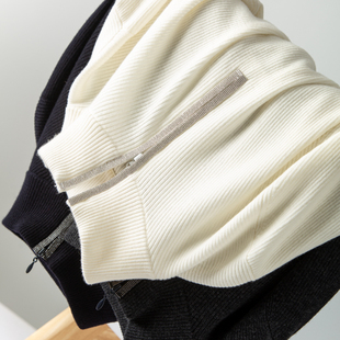 大牌贵气精致百搭半开襟 毛衣女 立体珠链美丽诺羊毛半高领针织衫