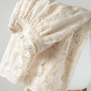 浪漫森女系重工刺绣蕾丝拼接棉混纺A字大摆显瘦后松紧高腰半裙女