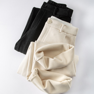 强推利落OL通勤加厚加绒醋酸羊毛复合毛呢后松紧高腰直筒长裤 女冬