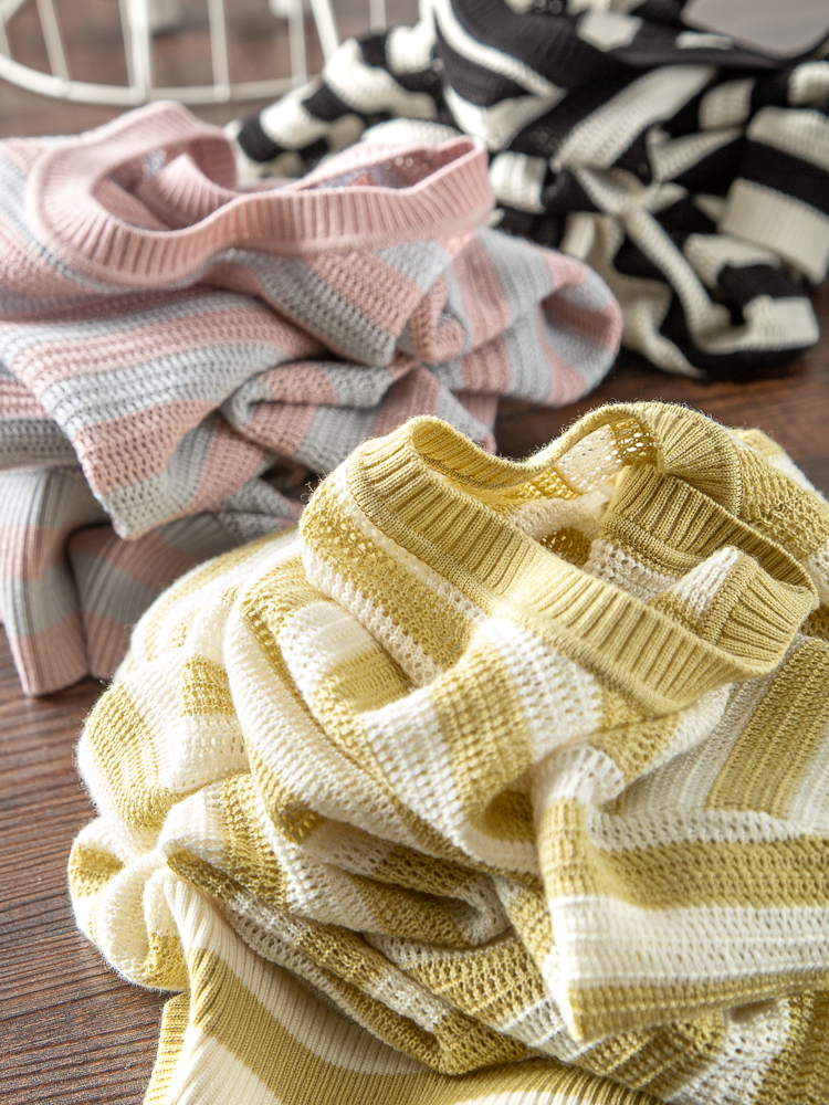 真丝+羊毛镂空宽条纹针织短袖