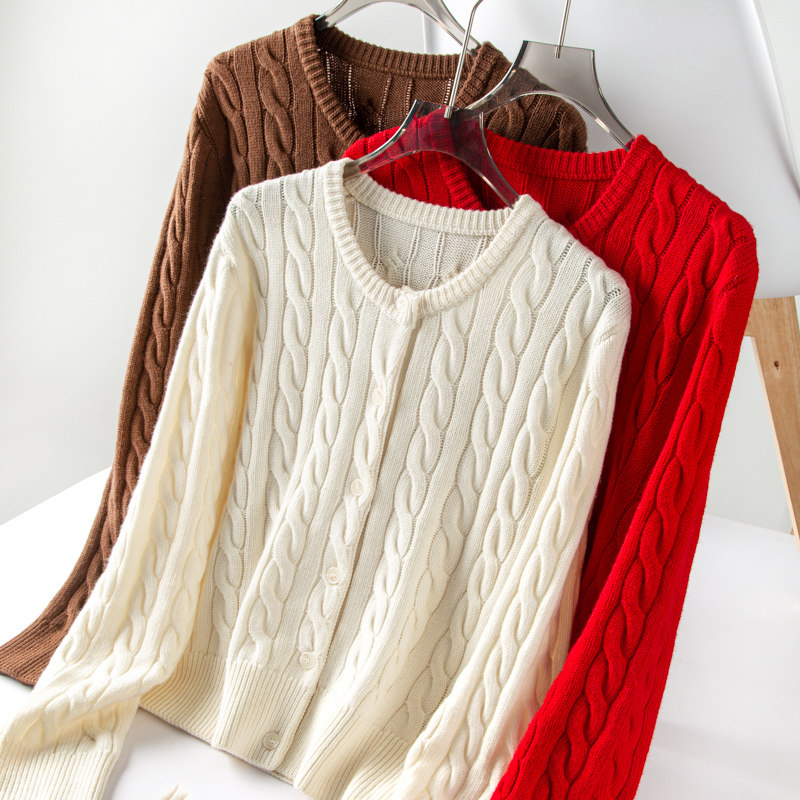 出口单好货！加厚100%美丽诺羊毛麻花针织绞花复古针织开衫毛衣女