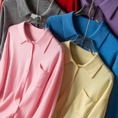 简约洋气侧边纽扣舒适蓬松100%绵羊毛毛衣单口袋针织衬衫 上衣女秋