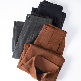 温暖显瘦羊毛混纺毛呢高腰立体剪裁直筒休闲阔腿九分毛呢裤 女秋冬