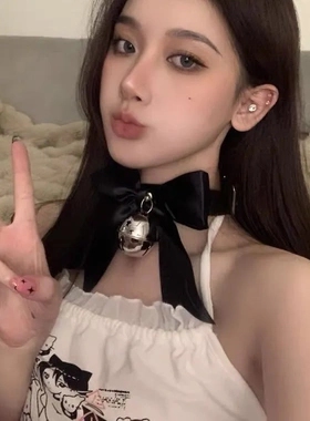 性感纯欲系白色蝴蝶结铃铛choker项圈女小众设计颈链女仆软妹项链