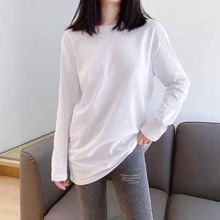 新款 白色纯棉长袖 T恤女春秋冬卫衣叠穿内搭加绒打底衫 上衣中长款