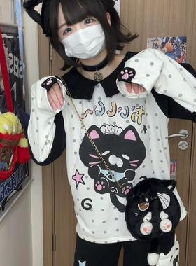 车日时 黑色波点小猫休闲卫衣春秋卫裤可爱亚萌套装二次元