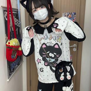 车日时 黑色波点小猫休闲卫衣春秋卫裤可爱亚萌套装二次元