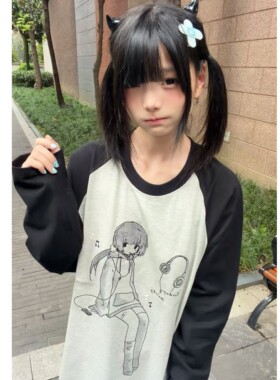 车日时  甜音少女原创二次元纯棉插肩袖百搭长袖T恤亚萌打底衫