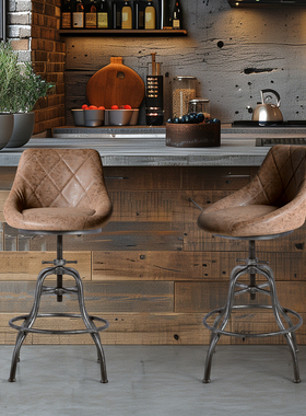 复古工业风铁艺升降吧台椅民宿咖啡厅前台旋转pu舒适座椅商用吧椅