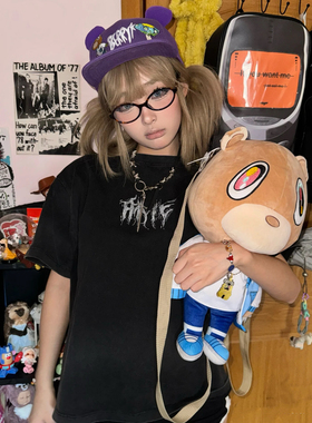 原创y2k紫色辍学熊可调节平檐鸭舌帽女甜酷卡通动漫帽子棒球帽男