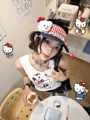 日系可爱Kitty猫空顶防晒帽女夏季户外显脸小遮阳帽无顶鸭舌帽子