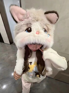 可爱卡通布偶猫耳朵毛绒帽子女款冬季保暖耳朵可动防寒雷锋帽甜美