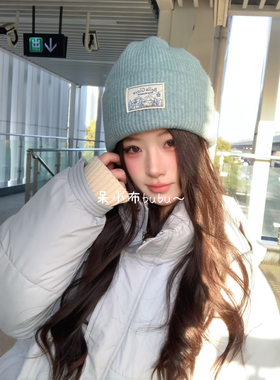 含羊毛蓝色针织毛线帽子女冬季韩系保暖百搭大头围显脸小护耳冷帽
