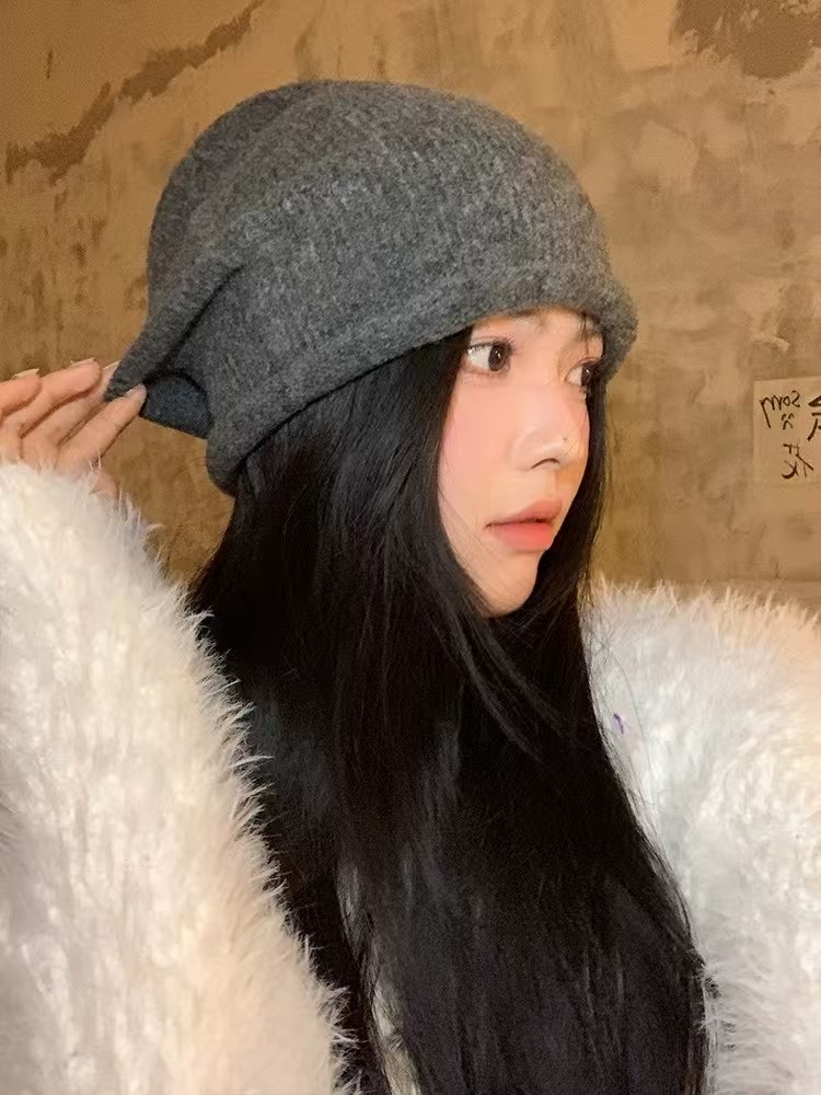韩系美拉德氛围感羊毛针织冷帽女秋冬百搭ins毛线套头堆堆帽子男
