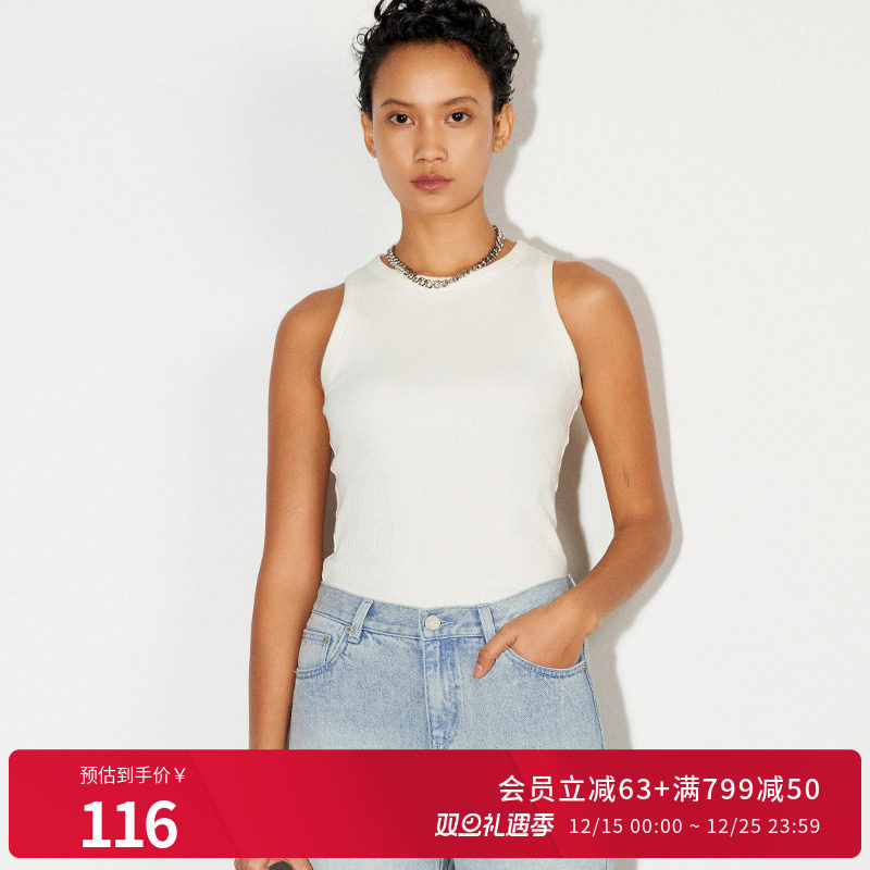 婉甸25新品胡桃色无奶油白袖上衣修身削肩工字背心MBD1G01CFXA0