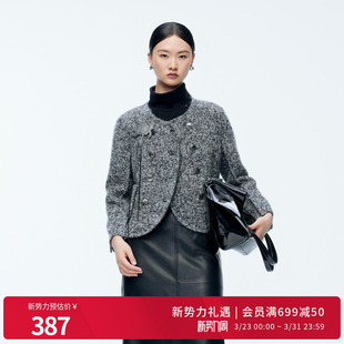 婉甸2025年冬季 杂花灰复古小香风羊驼毛双面呢外套1244E12ZY3 新品