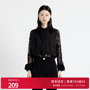 格纹微透刺绣衬衫 耀石黑立领长袖 1243S03DZ1 新品 婉甸2025年秋季