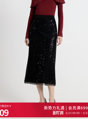 婉甸2025年秋季新品耀石黑高腰显瘦包臀半身裙长包裙1243K06RJ3